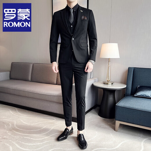 罗蒙（ROMON）西服套装男士三件套痞帅修身西装男商务职业正装伴郎结婚礼服套装 9928黑色三件套(西服+西裤+马甲) XL