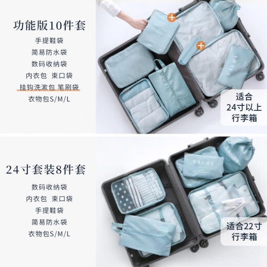 each travel storage bag luggage storage bag set portable clothes suitcase clothing underwear organizer bag sub-packaging bag full size 10-piece set - Sky Blue