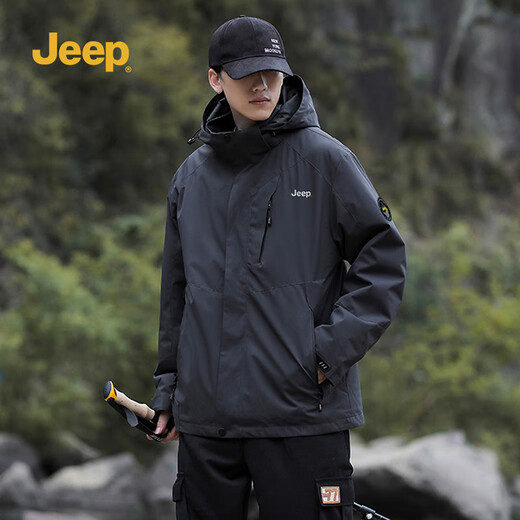 Jeep (JEEP) assault jacket men's warm men's and women's outdoor three-in-one two-piece jacket men's dark gray 3XL