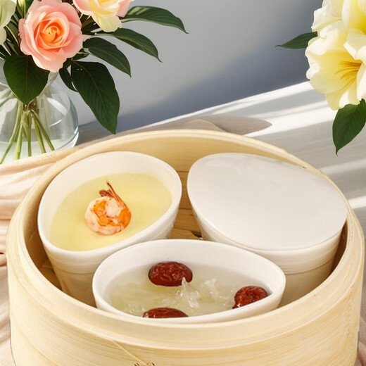 Muziqiu ceramic steaming bowl with lid, baby stew pot, small steaming cup, water-proof steamed egg, steamed rice, stewed egg, steamed egg custard special bowl, egg-shaped high-temperature ceramic bowl*3+porcelain lid*3