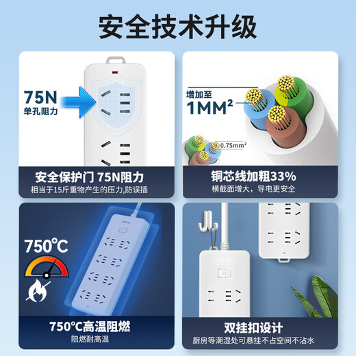 德力西(DELIXI)国标插座/插线板/插排/排插/拖线板/插板/接线板 8位五孔总控开关 3米