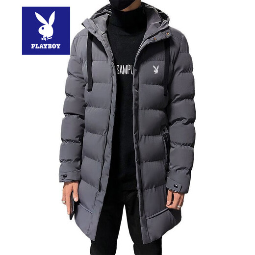 Playboy Down Jacket Winter Men's Mid-Length Coat Coldproof Warm Cotton Jacket Thickened Youth Hooded Cotton Jacket Men's Fashion Black 929-Upgraded Thickening 3XL Recommended 145-160Jin Jin equals 0.5 kg