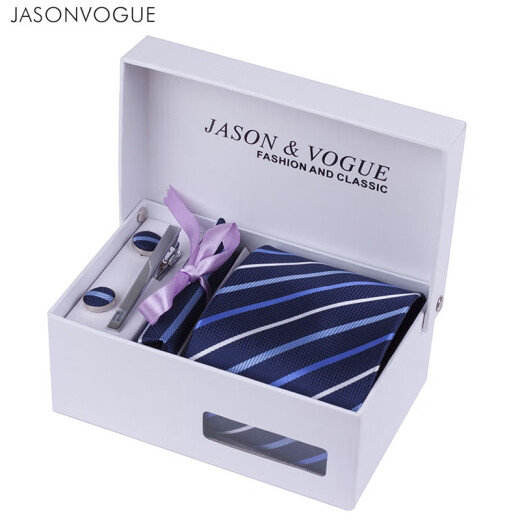 JASONVOGUE wide tie men's suit 9cm business formal tie clip cufflinks pocket square wedding boxed blue and white stripes A60