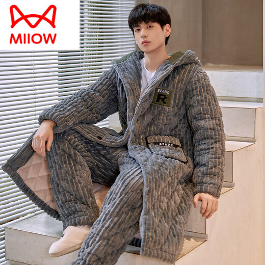 
Cat Man (MiiOW) nightgown men's three-layer cotton thickened plush winter coral velvet long home clothes men's pajamas flannel suit 6173JI plaid bear grey L [sleeping gown + cotton pants]