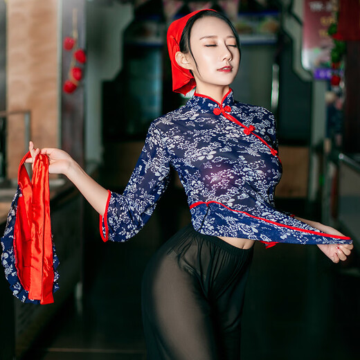 性感情趣内衣女透明短裙角色扮演夜店制服诱惑 开裆免脱露胸网纱 6169村姑碎花 均码