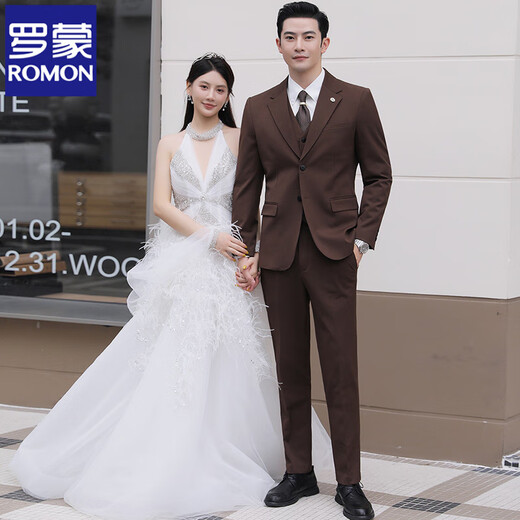 ROMON Wool Suit Suit Men's Business Casual Suit Men's Wedding Groom Groomsman Dress Professional Formal Jacket Single-breasted Dark Gray Three-piece Set Free Tie XL