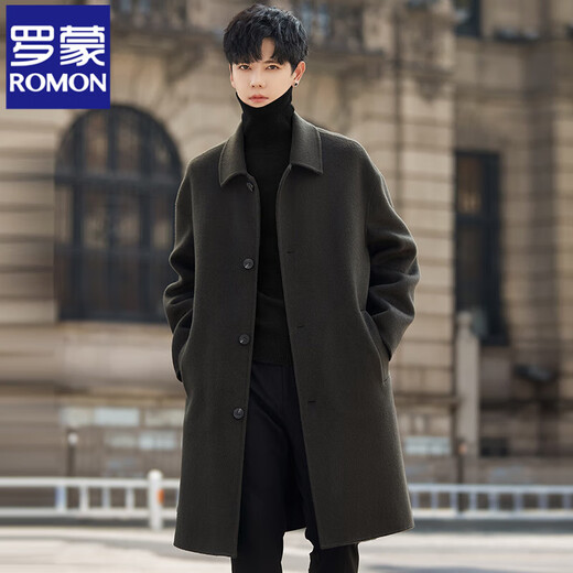 ROMON double-sided pure wool woolen coat for men 2025 new autumn and winter thickened mid-length windbreaker woolen coat pickle gray green XL (150-170Jin Jin equals 0.5kg)