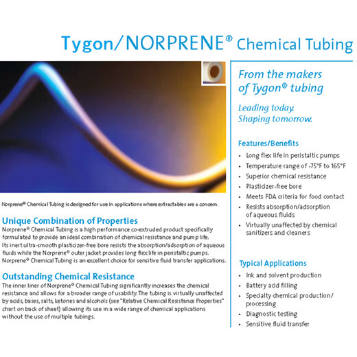Saint-Gobain NorpreneTygon-chemicalChem-Durance Teflon lined peristaltic pump tubing Chem-Durance 9.6163.2