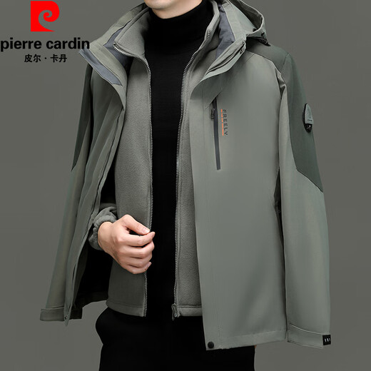 Pierre Cardin three-proof jacket men's three-in-one detachable outdoor winter velvet thickened windproof and waterproof jacket gray green velvet 3213 three-in-one 180/XL suitable for weight 140-160Jin Jin equals 0.5 kg