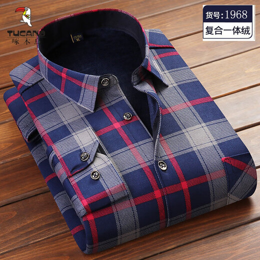 Woodpecker (TUCANO) winter warm shirt plus velvet and thickened men's long-sleeved shirt plaid printed velvet middle-aged and elderly dad's bottoming top 601 L