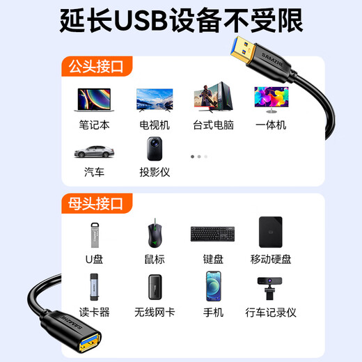 山泽usb3.0延长线2米 公对母电视u盘鼠标键盘扩展线电脑硬盘数据连接加长线打印机分线器转接线UK-020