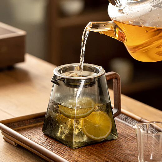 Gold inlaid jade glass fair cup, high borosilicate stainless steel tea filter electric ceramic stove, available wooden handle Kung Fu tea set accessories Shanlan wooden handle glass fair cup