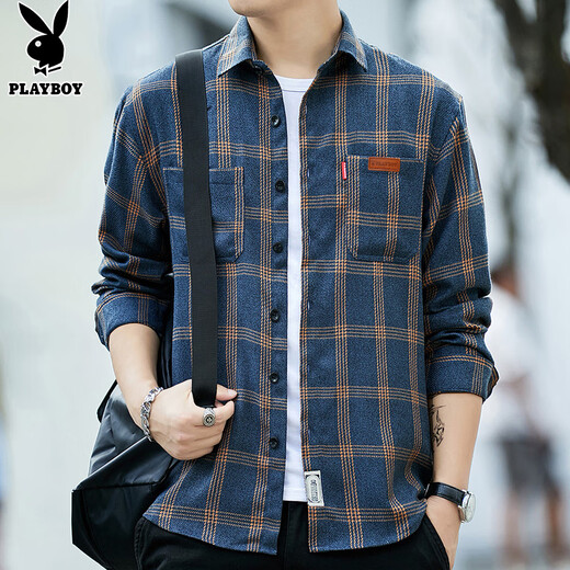 Playboy (PLAYBOY) long-sleeved shirt men's loose autumn and winter trendy plaid shirt men's casual shirt jacket yellow XL
