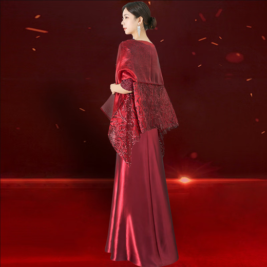 Wedding celebration mother's evening dress 2025 new style elegant and high-end young luxury high-end wedding dress for mother-in-law wedding dress burgundy plus shawl 2-piece set M