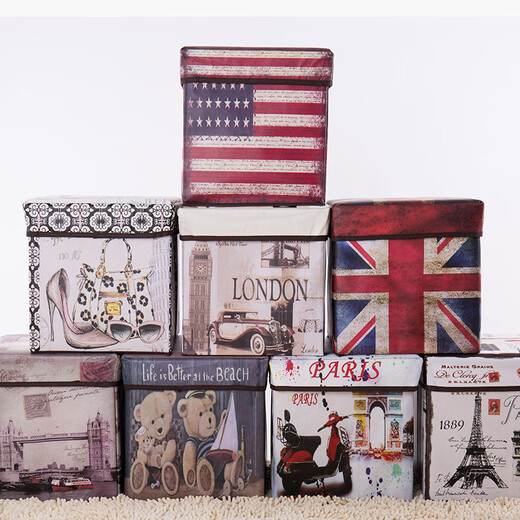 Chenzhi Shangpin retro printed coated storage stool storage box multi-functional covered folding storage stool shoe stool storage stool iron tower 30*30*30cm