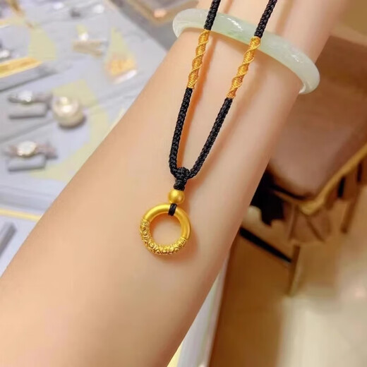 Libiao au999 pure gold-plated silver necklace for women, gold hoop transfer bead pendant, braided temperament, birthday gift for girlfriend, gold hoop + 1 gold bead + acacia + black rope braid