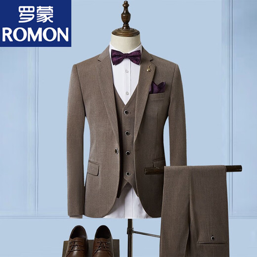 ROMON suit men's three-piece suit business formal casual small suit groomsmen groom wedding dress men's SJT1903 brown L