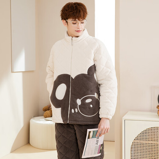 Fenten couple's pajamas autumn and winter quilted plus velvet stand-up collar anti-static long-sleeved pajamas set cartoon bear home clothes off-white-men's XL