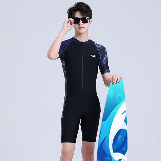 Yobel Men's Swimwear Professional One-piece Swimsuit Teenagers Sunscreen Quick-drying Plus Size Adult Surf Suit Summer Black with Blue Flowers XL Weight 110-130Jin Jin is equal to 0.5 kg