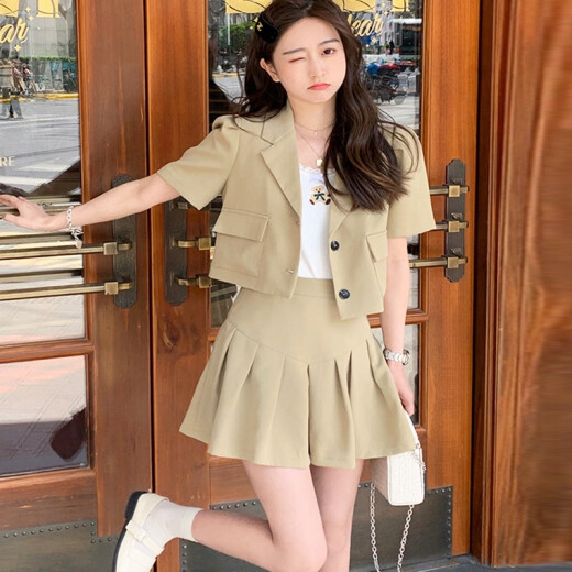 Domino two-piece suit dress small suit sexy women's summer dress fashion slim student fresh college style 2021 women's summer temperament new Korean style suit + skirt coffee color M