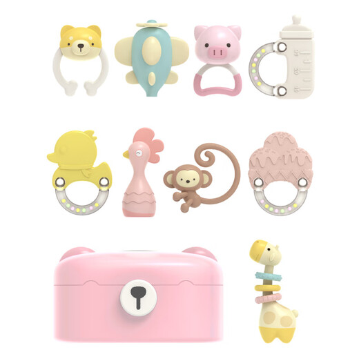 Aseblarm teether hand rattle 0-3-6 months 1 year old baby grasps early education enlightenment soothes newborns chewable baby toys G animal rattle 9 kit (blue)