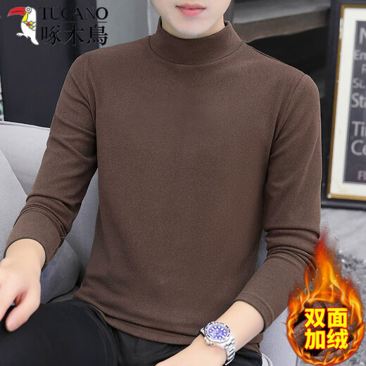 Woodpecker (TUCANO) German velvet long-sleeved T-shirt men's autumn and winter thermal underwear slim half turtleneck autumn coat solid color inner layering shirt for men German velvet long sleeves high collar black 2XL recommended 130-145Jin Jin equals 0.5 kg