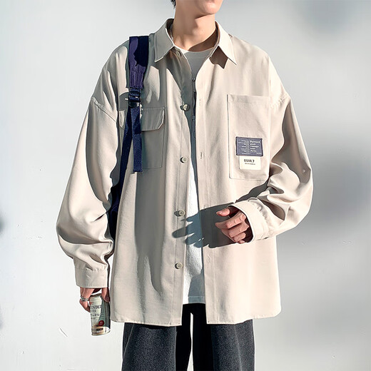 Foss Phil港风长袖衬衫外套男士秋冬季休闲宽松工装打底上衣7303浅灰XL