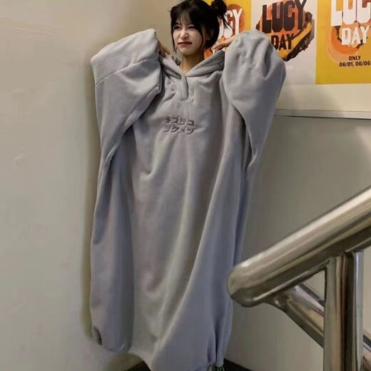 CEENIU Shuiyao daily rest pajamas and home clothes new autumn and winter oversized loose Japanese style plus velvet thickened hooded embroidery for men and women gray XL