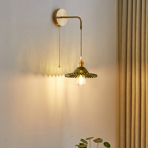 Wall lamp with switch American Nordic retro bedroom bedside lamp Japanese background wall with pull switch B&B Wabi A long line wall lamp + pull switch