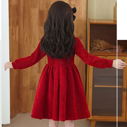Disney Spring Festival New Year's Wear 26 New Autumn and Winter Girls' Cheongsam Red Dress Velvet New Year's Christmas Gift New Skirt Red Velvet Dress (without bag) 110