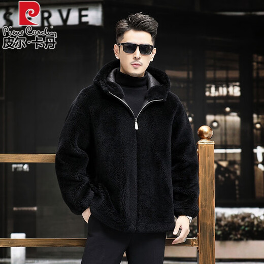 Pierre Cardin 100% Genuine Wool Sheep Shear Coat Men's Fur One-piece Lamb Fur Coat Hooded Men's Thick Winter Jacket Dark Gray L 100 to 125 Jin Jin equals 0.5 kg Wear