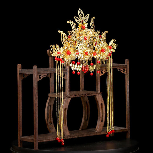 Meng Junchen bride's Chinese-style ancient hair accessories set golden phoenix crown butterfly tassel domineering palace headdress Xiuhe clothing accessories phoenix crown