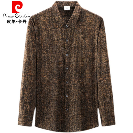 皮尔卡丹长袖衬衫男龟裂纹香云纱男装春夏商务休闲衬衣高端桑蚕丝上衣 卡其 XL 175