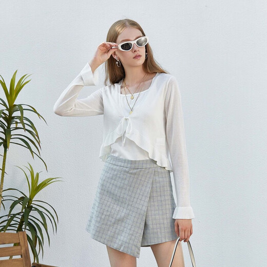 S.DEER Sommermode Damen gerippter Pilz-Cardigan mit V-Ausschnitt und Kordelzug S232Z3524 Originalweiß/9B S 160