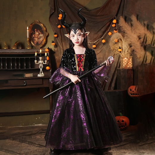 Xiaokayinon Halloween children's costume girl cosplay witch dress up girl little devil masquerade performance dress Halloween black and purple costume + hat + shawl 150