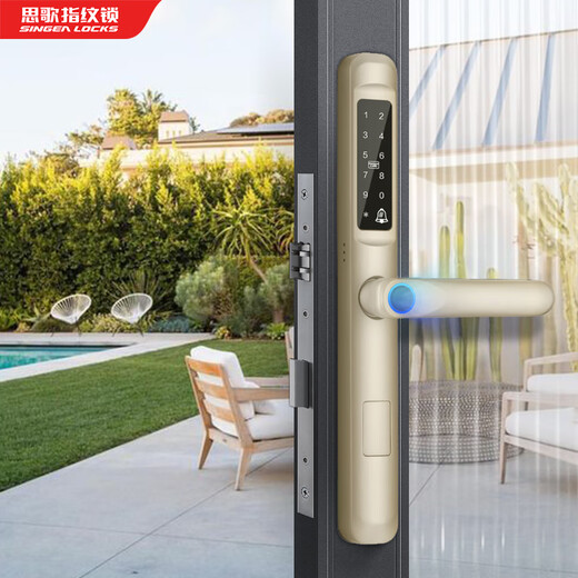 Singea一握开断桥铝智能锁不锈钢户外指纹锁防水防晒铝合金平移推拉门锁 C723C-曜石黑【深度防水】