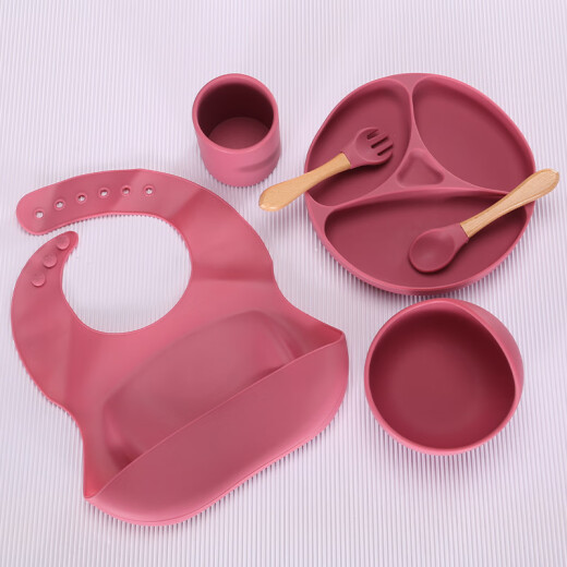 Baby silicone dinner plate, suction cup, grid tray, baby food bowl, all-in-one children's food feeding tableware set, round plate red + spoon and fork + bib + bowl + water cup