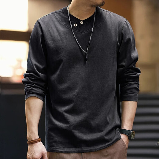Fat Brother high-end retro long-sleeved T-shirt men's autumn loose large size pure cotton tough guy casual Henry collar bottoming shirt tops Glacier Gray XL (suitable for 145-160 Jin Jin equals 0.5 kg)