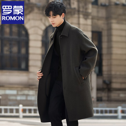 ROMON double-sided pure wool woolen coat for men 2025 new autumn and winter thickened mid-length windbreaker woolen coat pickle gray green XL (150-170Jin Jin equals 0.5kg)