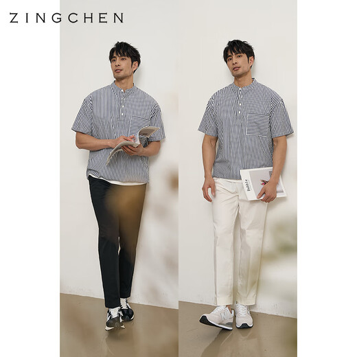 ZINGCHEN Summer atmosphere wear ZINGCHEN men's Henry collar silhouette button-down shirt stand collar casual shirt Navy stripe M