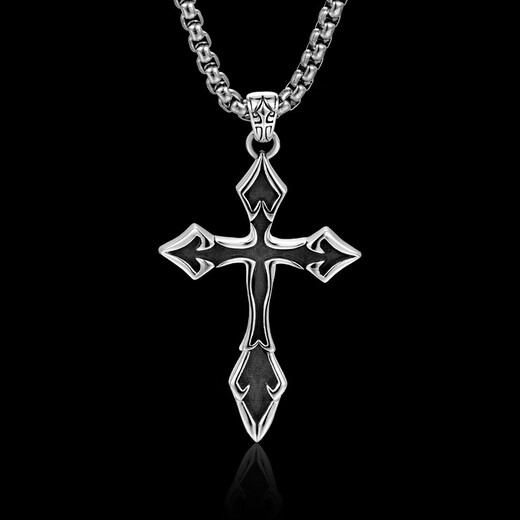 IDEAGEMER925 silver cross necklace men's personality retro niche simple versatile handsome boy pendant clavicle chain trend cross pendant + titanium steel chain 60CM supports engraving