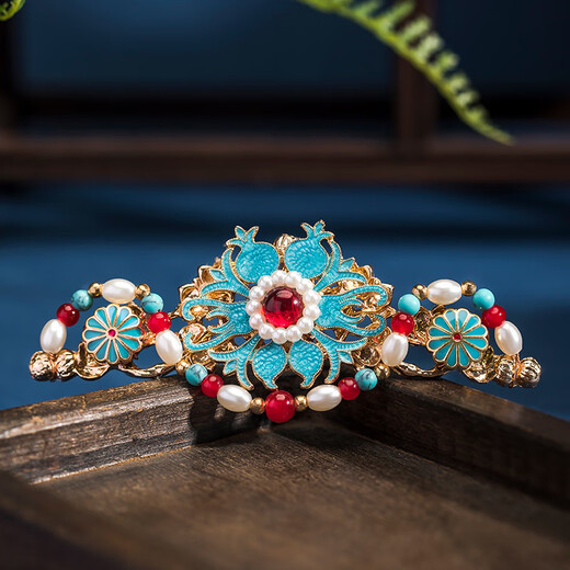 Wanbaozi burnt blue headdress set cloisonné step rocking hairpin Ming hair crown women Hanfu hair accessories ancient style hairpin complete set of accessories Dunhuang suit