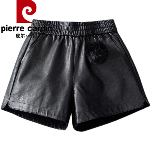 Pierre Cardin leather shorts with boots for women 2024 new spring and autumn style high-waisted small A-line outer wear PU leather pants winter boot pants 9916# black (plus velvet) 27/M