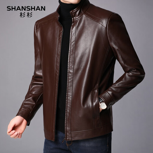 SHANSHAN Shanshan PU leather jacket men's autumn and winter new stand-up collar anti-wrinkle wear-resistant men's leather jacket business casual jacket for young and middle-aged people brown 3XL /190