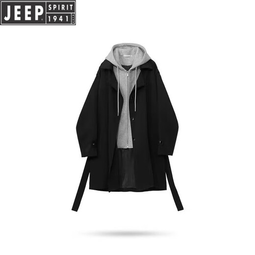 JEEP SPIRIT Jeep fake two-piece sweatshirt hooded splicing mid-length windbreaker men's British style spring and autumn loose wide coat black L