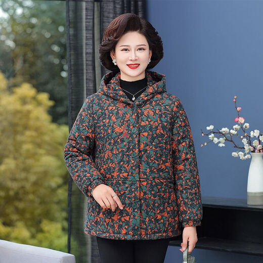 Yu Zhaolin (YUZHAOLIN) Yu Zhaolin mother's outfit cotton plus velvet cotton coat hooded middle-aged and elderly women's clothing autumn and winter loose grandma floral cotton blue 3XL recommended 145-160Jin Jin equals 0.5 kg