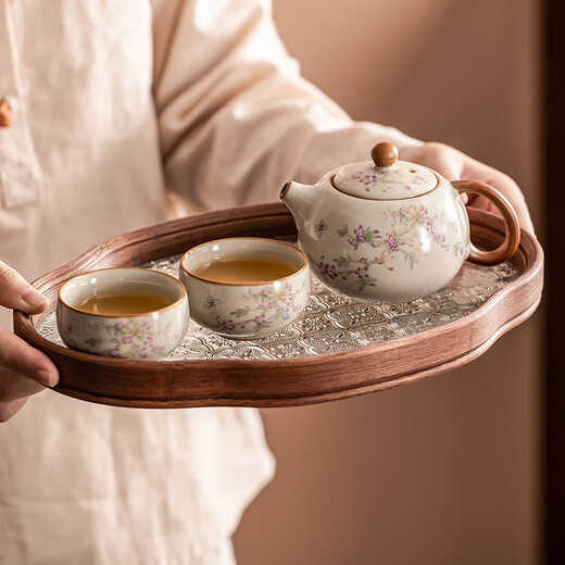 Porcelain brand tea set Ru Kiln Kung Fu tea set with tea tray household ceramic personal teapot teacup tea set beige Ru Kiln cute cat Xishi pot one pot and two cups