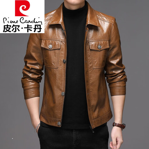 Pierre Cardin brand high-end Haining leather jacket for men, top-layer sheepskin, trendy Korean motorcycle leather jacket, youth slim jacket, 9908 model yellow, regular M-170 110-125Jin Jin is equal to about 0.5 kg