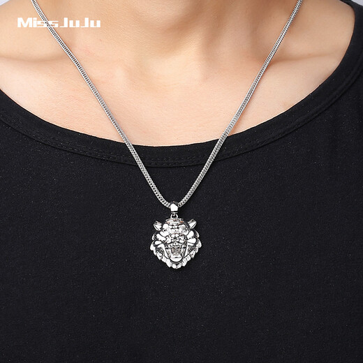 Miss JuJu pt950 platinum pendant men's platinum pendant large tag personality domineering tiger head zodiac pendant (customized) 20-22g+ with black leather cord