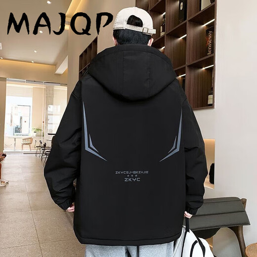 MAJQP夹克棉衣外套男加绒加厚秋冬款青少年男士宽松保暖连帽学生外套潮 719-加绒-黑色 M 80-100斤